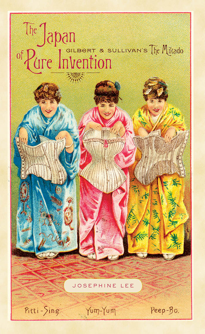 A cover of the book titled, Japan Gilbert and Sullivan’s The Mikado of Pure Invention. Three women in traditional attire stand together besides each other with postures bent a little. Their hair is tied up into a high bun and each of them are holding an object.