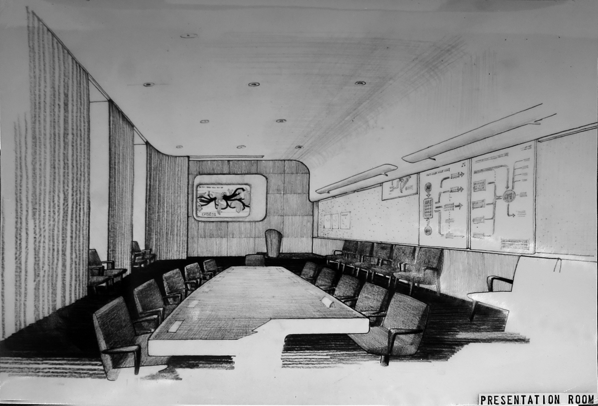Perspectival drawing of a board room interior captioned “Presentation Room” showing table with chairs and diagrams mounted on the right wall.