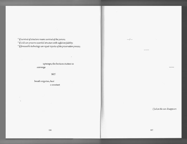 Open book spread showing a bulleted list and text of varying sizes across both pages; the words are spaced for effect.