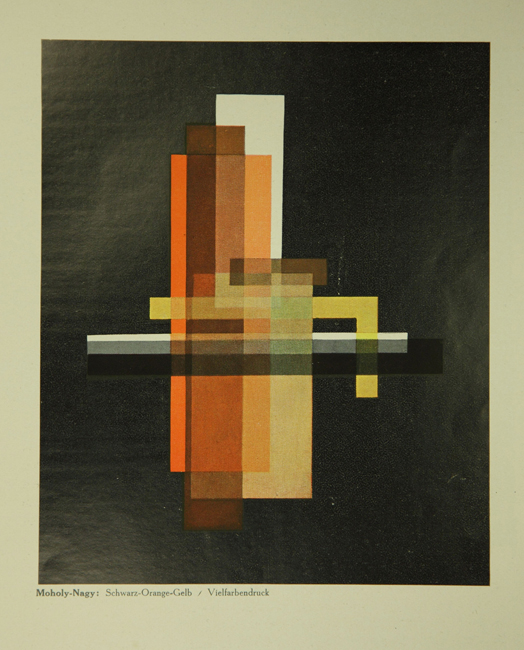 The exhibit showcases László Moholy-Nagy’s “Black-Orange-Yellow,” a 1924 artwork featuring bold geometric shapes in black, orange, and yellow, reflecting the artist’s influence and constructivist style.