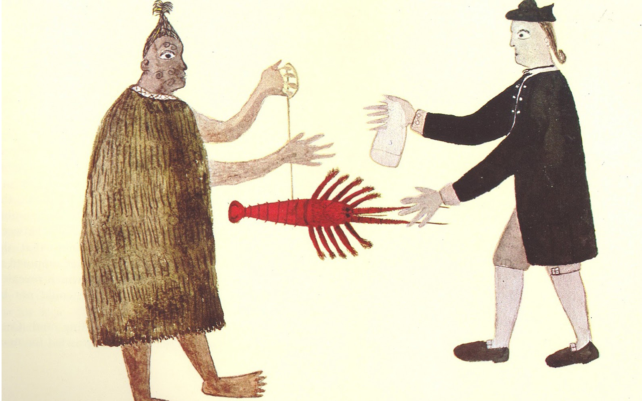 A drawing of a person holding a crayfish with a twine tied to it. Another person is standing on the opposite side of him and stretching his hands forward.