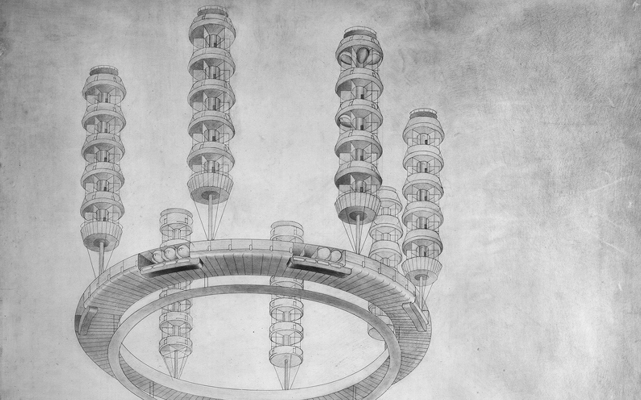 A technical drawing of a large circular structure with cylindrical towers attached above and below, shown from multiple angles.