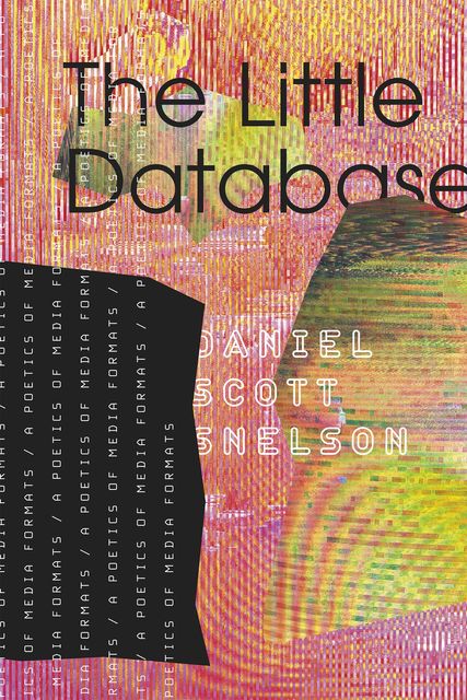 Colliding clumps of digital static in shades of pink and green form the background. Title in black at top, subtitle repeated vertically on the left.