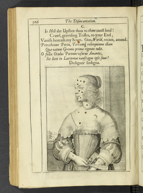 Photograph of a page with Hollar's "Summer Woman" plate repurposed in *Theophila* (1652) with symbols added by hand.