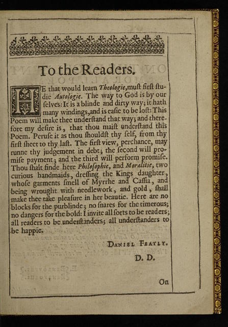 Image of Featley’s letter to the readers in *The Purple Island* (1633)