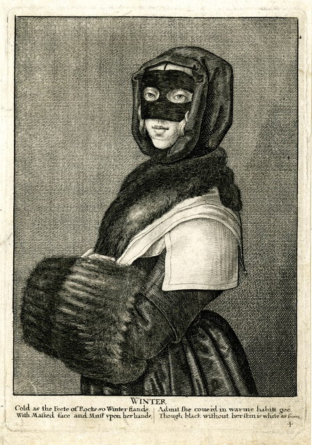 Etching of a woman dressed in furs, including a muff, hood, and mask, personifying the winter season.