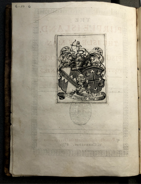 Engraving of Edward Benlowes’s and Phineas Fletcher’s arms entwined and printed on the verso of the title page of *The Purple Island* (1633).