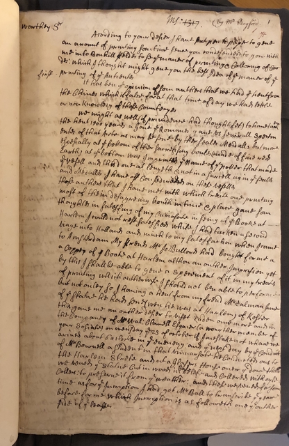 Photograph of a draft of letter to Hans Sloane in John Bagford's hand, discussing his proposed history of printing