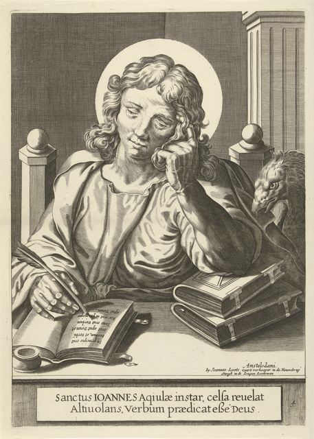 Engraving of John the Evangelist writing in an open book with an eagle at his side.