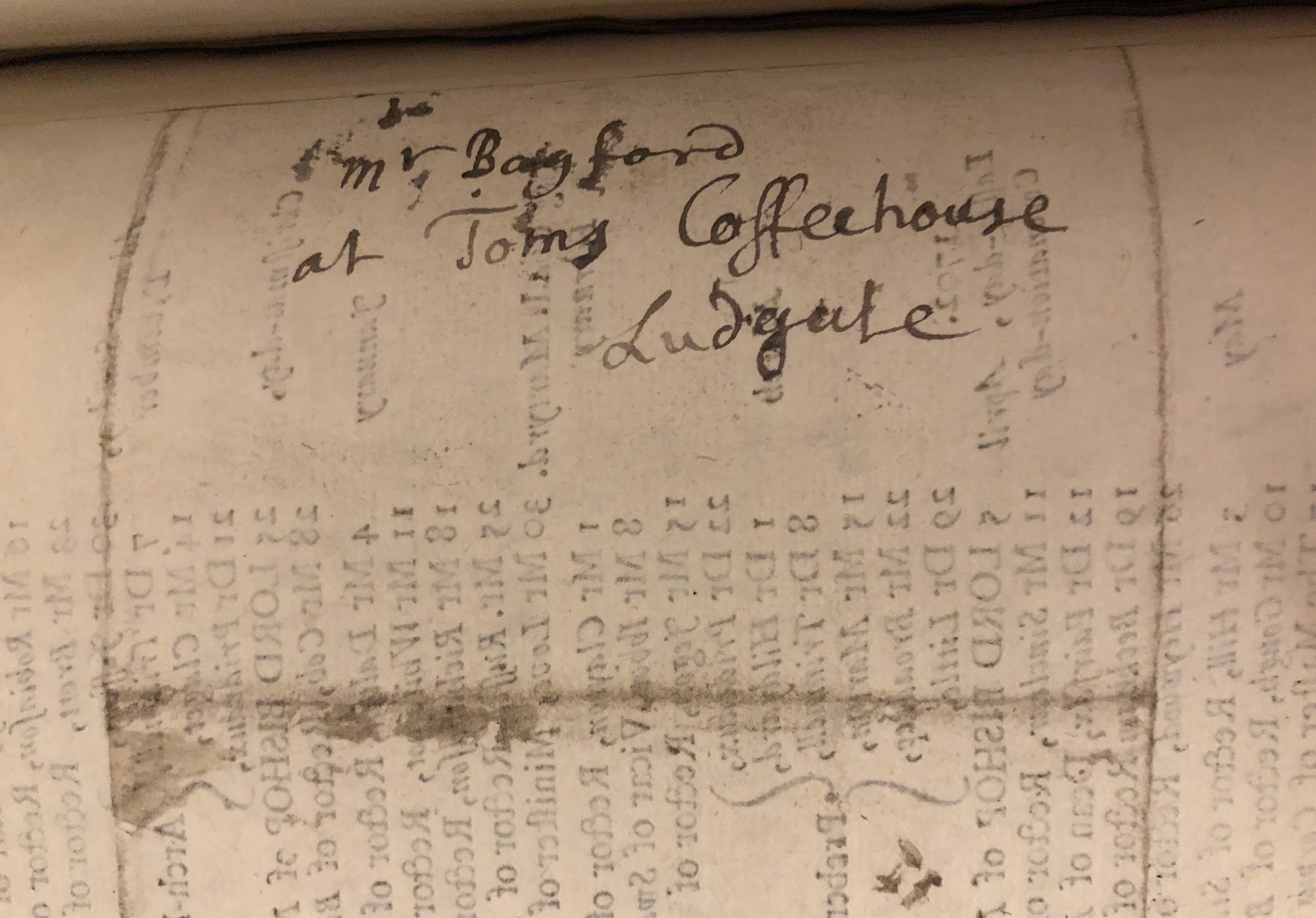 Photograph of the superscription on Thomas Tanner's letter to John Bagford.