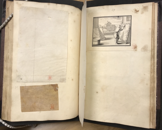 Photograph of specimens of parchment pasted in one of John Bagford's albums of scraps