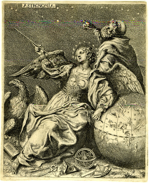 Etching of Astronomy personified as a winged woman pointing at the stars with an old man and an eagle.