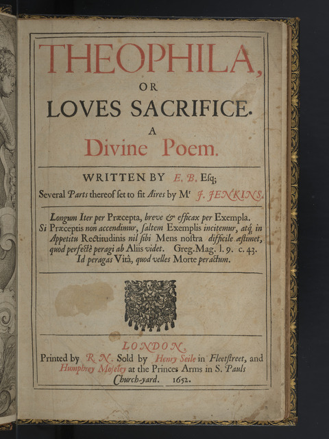 Photograph of the title page to Benlowes’s *Theophila* (1652), printed in black and red.
