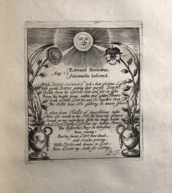 Engraving showing a pansy and sunflower reaching for the sun with verses signed “P. F.” Printed after the internal title page to Piscatorie Eclogs.