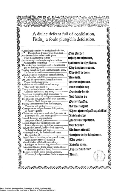 An early modern broadside composed of verse on the left of the sheet with rhymed phrases from the Lord’s Prayer completing every other line on the right
