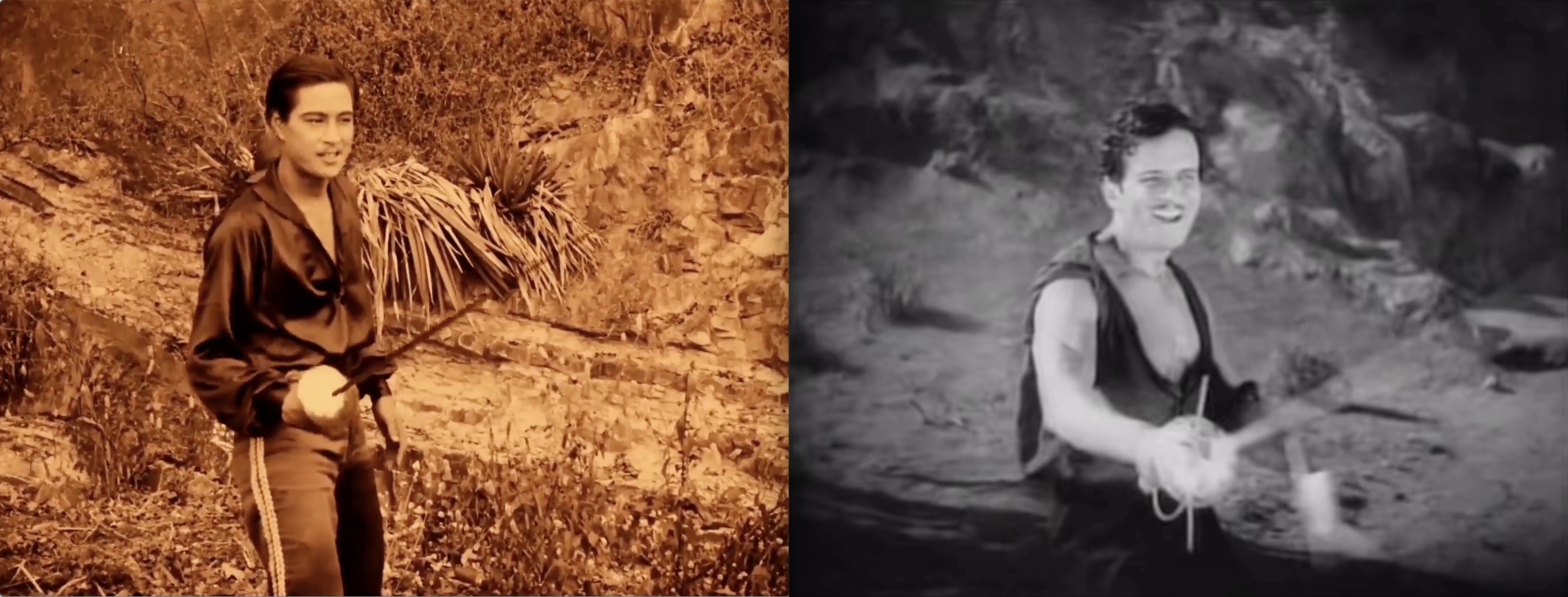 Film stills on the left and right show a Chinese actor and a Western actor in similar black, open-necked outfits smiling and holding fencing swords in their right hands.