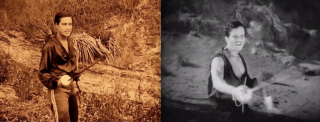 Film stills on the left and right show a Chinese actor and a Western actor in similar black, open-necked outfits smiling and holding fencing swords in their right hands.