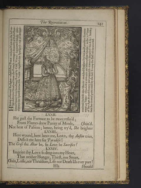 Photograph of a page with a woodcut of Queen Elizabeth at prayer in a closet