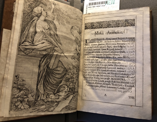Photograph of a page opening showing Theophila stomping the serpent opposite “Mens Authoris” in *Theophila* (1652)
