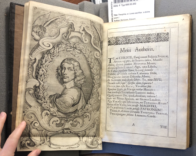 Photograph of a page opening showing Benlowes’s authorial portrait opposite “Mens Authoris” in *Theophila* (1652)