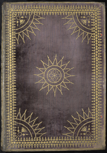 Photograph of a lavish purple velvet and gold-stamped binding made at Little Gidding