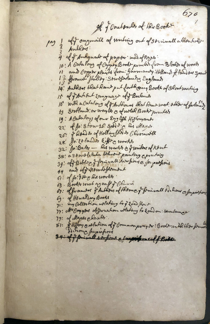 Photograph of a table of contents for a collection of notes, written in John Bagford's hand.