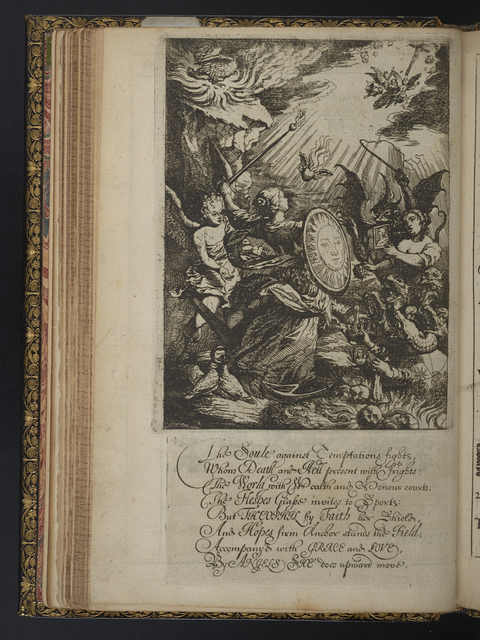 Photograph of etching for Canto 4, showing Theophila fighting temptations and death.