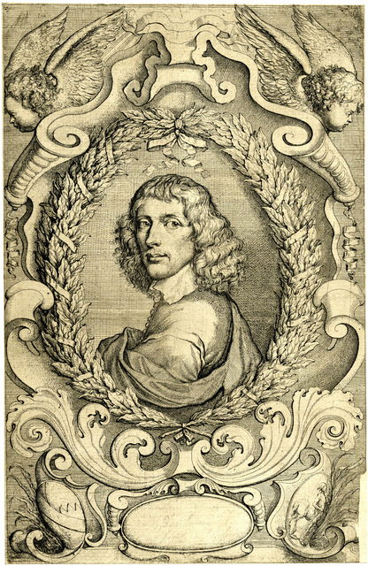 Engraving of a half-length portrait of Edward Benlowes looking over his left shoulder in a large laurel wreath and cartouche with two putti, used as a frontispiece for *Theophila* (1652).