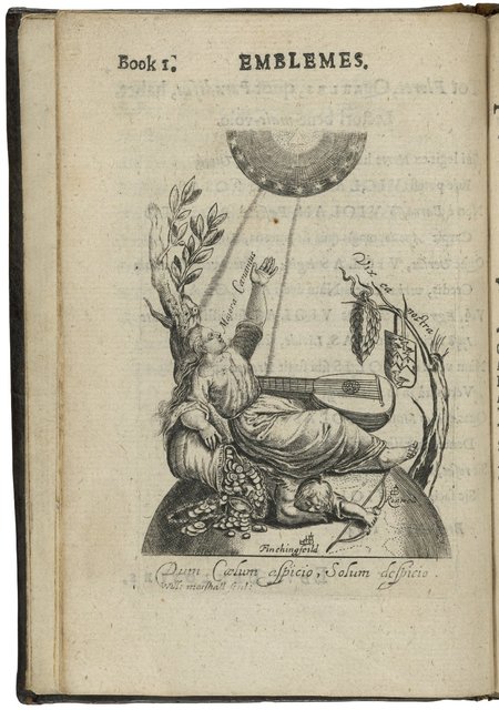 Engraved image of a muse laying on the globe atop a bag of coins and beside a theorbo gesturing toward heaven.