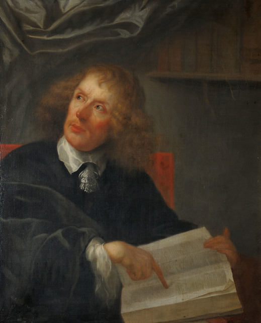 Oil portrait of Edward Benlowes pointing at an open book as he looks to the right.