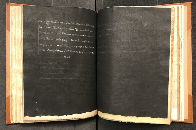 Photograph of black writing pasted into a large volume of specimens