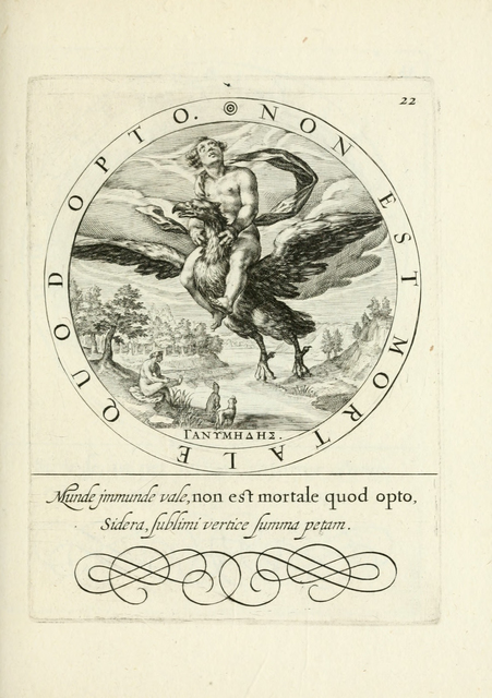 Engraved roundel of Ganymede riding an eagle with the motto "NON EST MORTALE QUOD OPTO" written around the circle's edge.