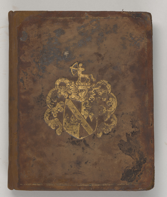 Photograph of a brown leather cover with Edward Benlowes’s armorial stamp in gold.