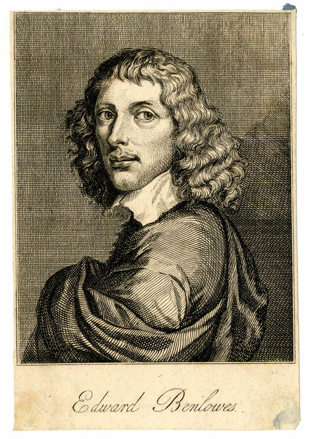 Engraving of a half-length portrait of Edward Benlowes looking over his left shoulder against a plain dark background, copied from a more ornate 17th-century engraving by Francis Barlow for Benlowes’s book *Theophila* (1652).