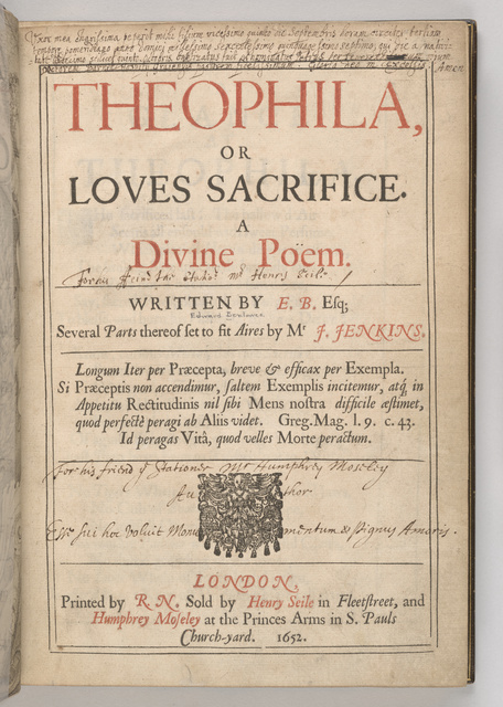 Photograph of the title page of Benlowes’s presentation copy of Theophila to Moseley.