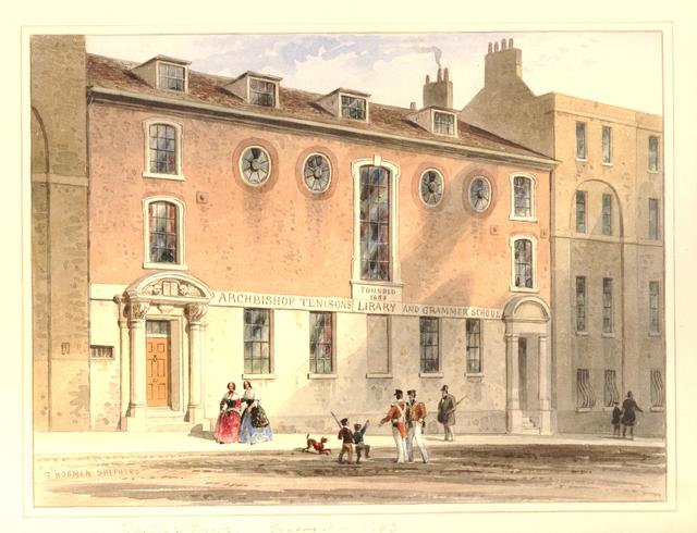 Image of a watercolor showing Tenison's Library in 1850