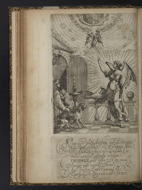 Photograph of etching for Canto 7, showing Theophila reaching for a circle of eternity as she ascends to heaven with the help of an angel.