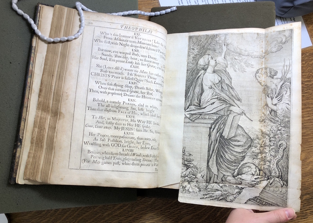Photograph of a page opening in Benlowes’s gift copy of Theophila to St. John’s College Library.