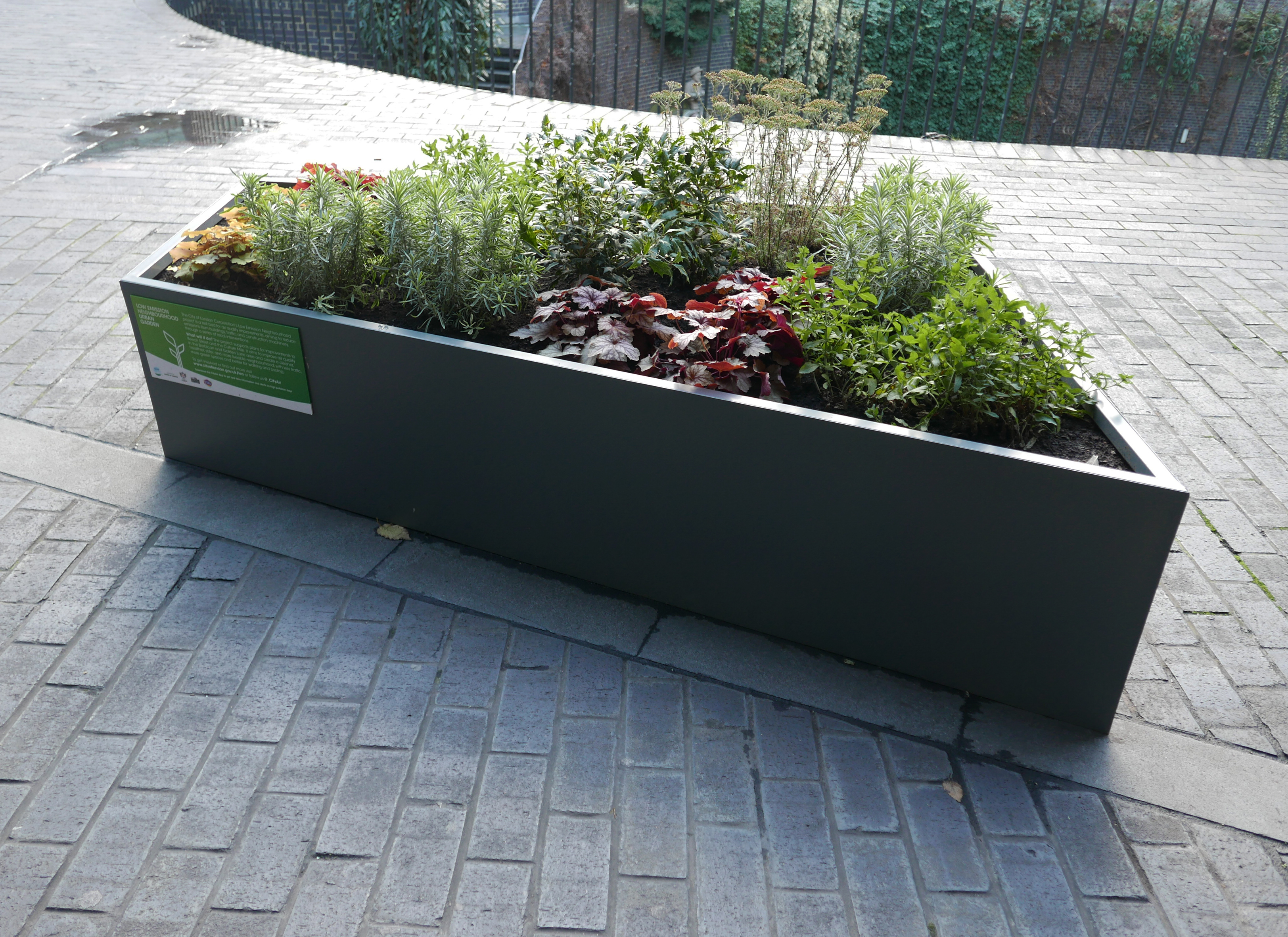 Garden box set on brick walkway containing a variety of small plants, green, red, and yellow.