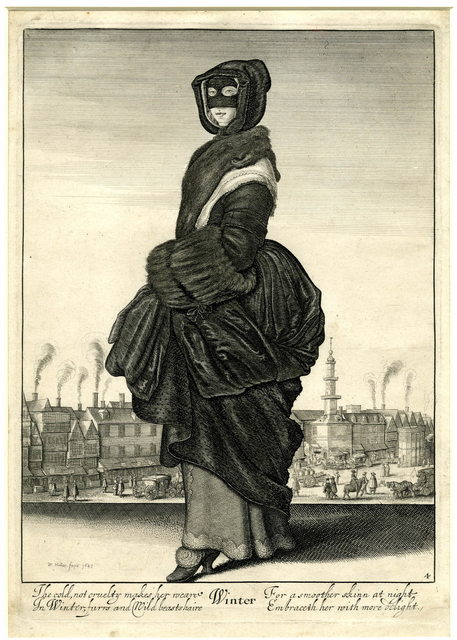 Engraving of a woman in furs standing in front of Cheapside, personifying the winter season.