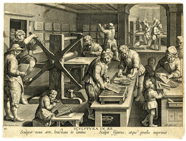 On the right, an engraver and apprentices reproduce an image in copper, while printers in the center heat and warm plates for printing at the rolling press on the left.