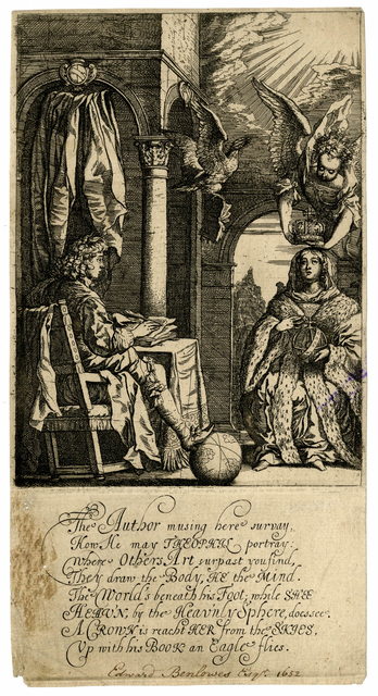 Etching showing Edward Benlowes sketching Theophila, who stands opposite him dressed as royalty. An eagle flies above with a book in its talons.