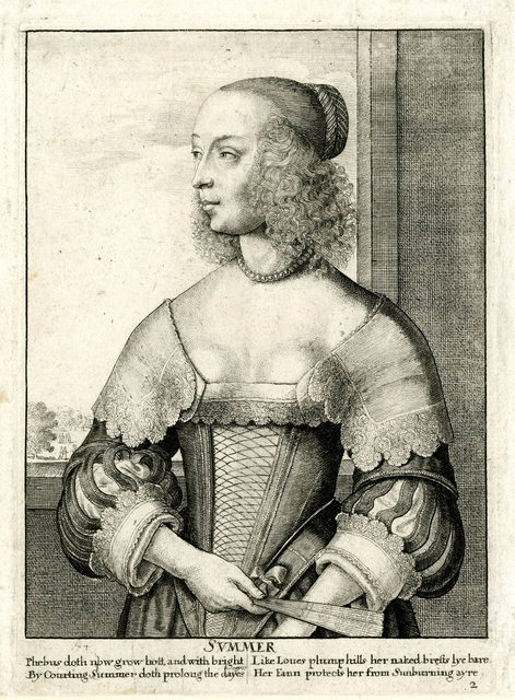 Etching of a woman in a light dress, personifying the summer season.