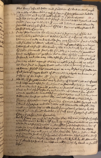 Photograph of a draft of letter to Hans Sloane in John Bagford's hand, discussing his proposed history of printing