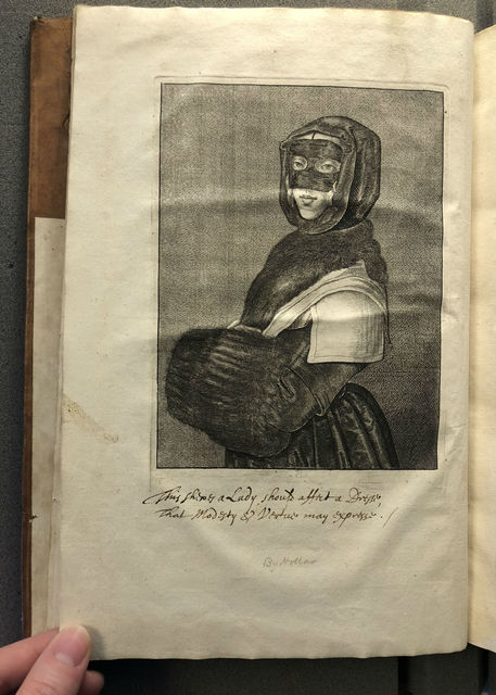 Photograph of a page opening showing Benlowes’s couplet written on a tipped-in plate of Hollar’s “Winter Woman”