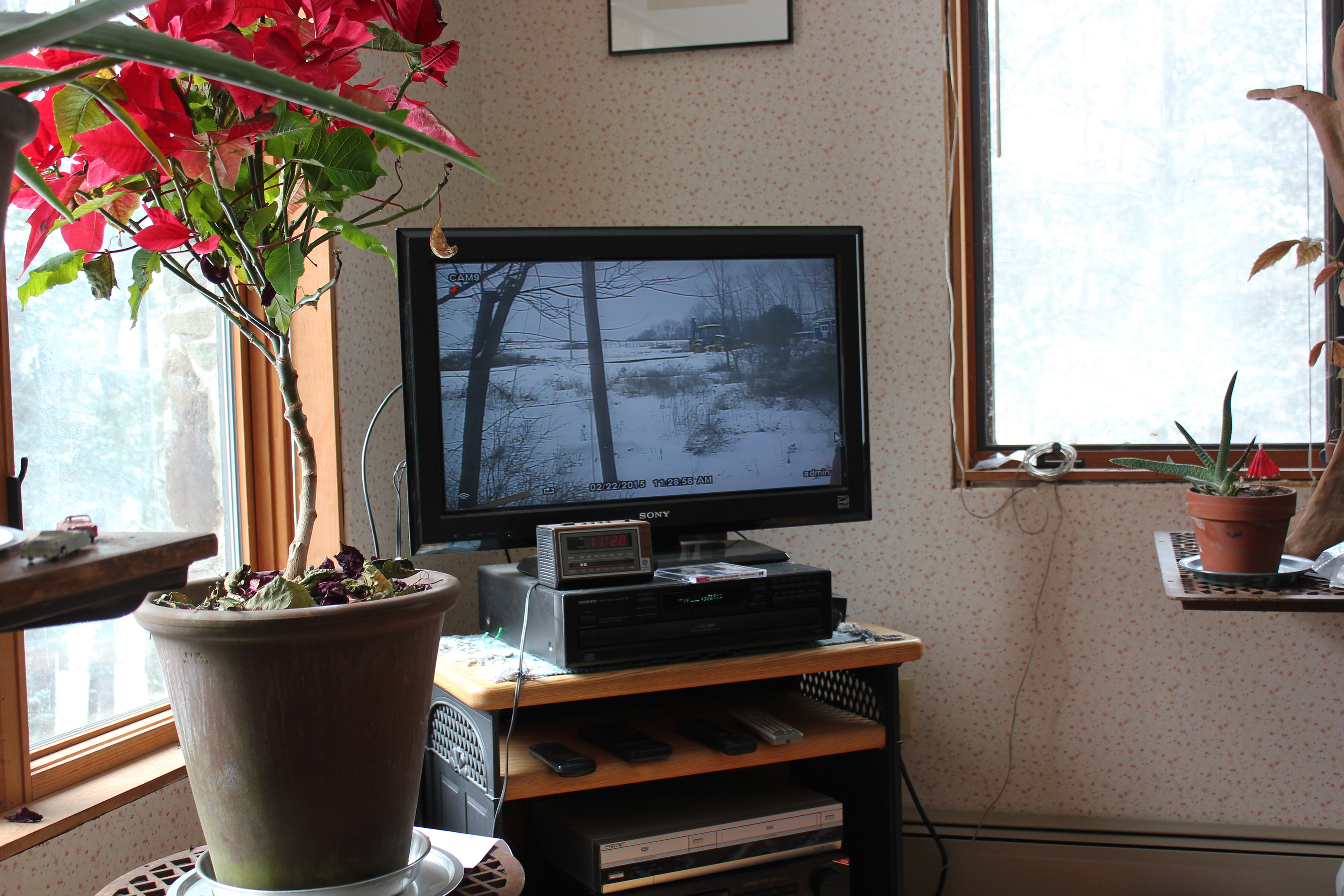 Television sitting atop a stand, positioned in the corner of a residence, shows a closed-circruit exterior image of trees, shrubs, and snow.