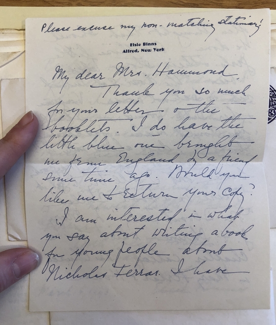 Photograph of a letter from Elsie Binns in Fanny Reed Hammond's scrapbooks