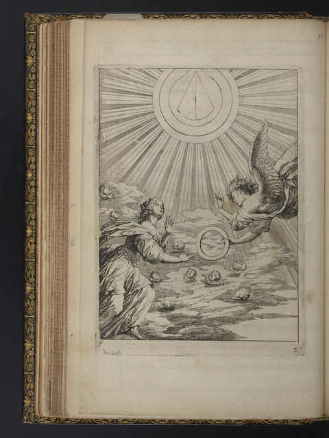 Photograph of etching for Canto 5, showing Theophila ascending to heaven as Benlowes, an angel, and animals watch.