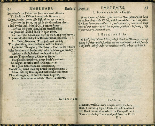 Full page opening from Francis Quarles’s Emblemes showing the second half of the emblem’s poem on the verso and the epigrams, blank space, and quattrain on the recto.