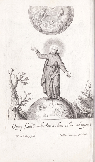 Engraved frontispiece of Typus mundi (1627), showing St Ignatius of Loyola standing astride the globe and gesturing toward the heavens.